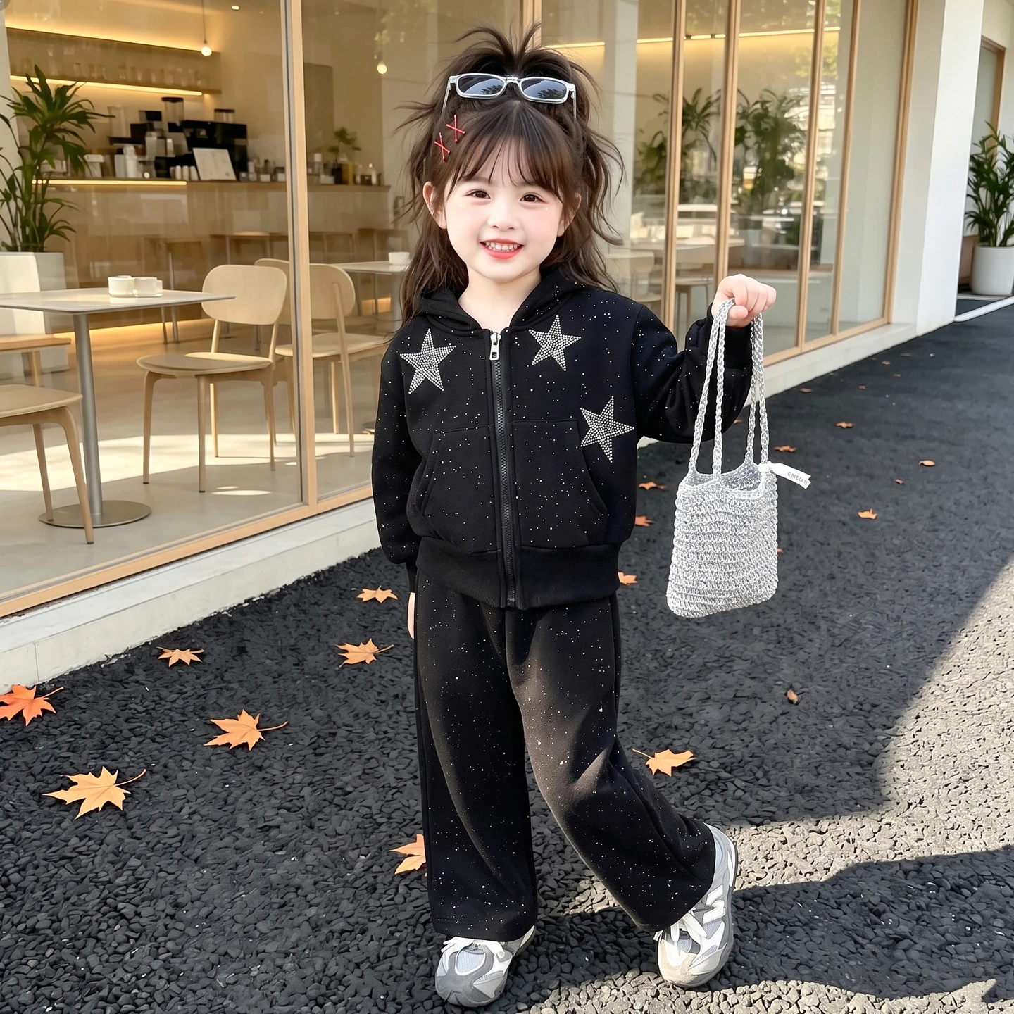 autumn baby girl sport clothes suit shining Hooded Zipper Hoodie+straight-leg pants 2pcs junior kid Sportswear set child outfits