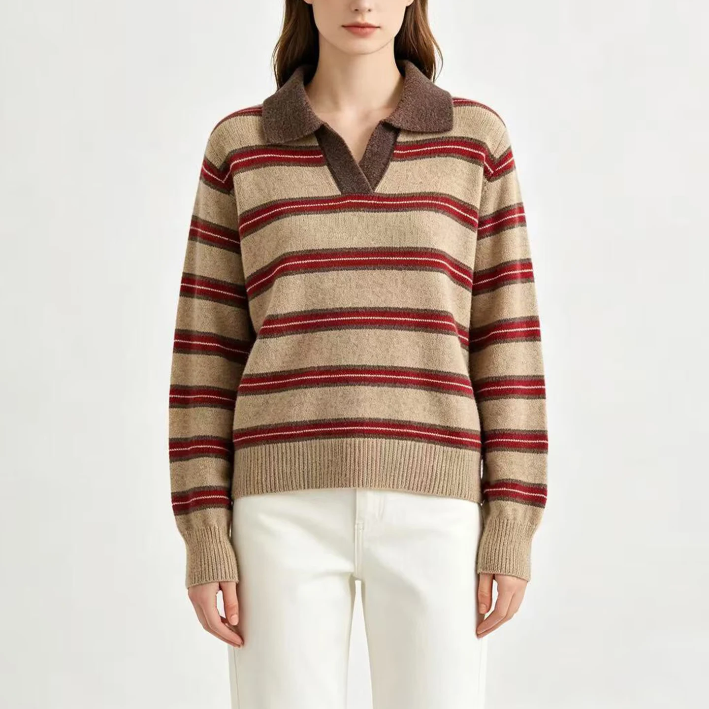 Fashionable Long Sleeve V-Neck Knitted Sweater Women's Casual Loose Fit Striped Color Block Design Autumn New Arrival