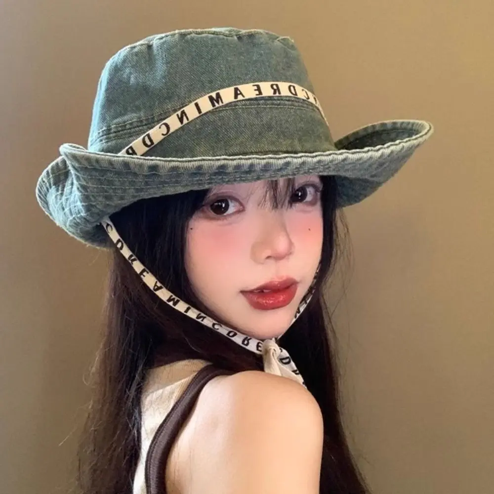 

Fashion Big Brimmed Denim Bucket Hat With Tie Belt Letter Jeans Fisherman Hat Wide Wings UV Protection Sunscreen Hat Travel