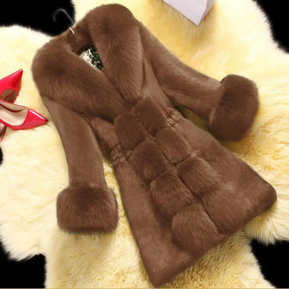 Mid-aged Women Coat Fuzzy Faux Fur  V Neck Celebrity Prom Banquet Overcoat Elastic Waist Mid Length Cold-proof Winter Outerwear