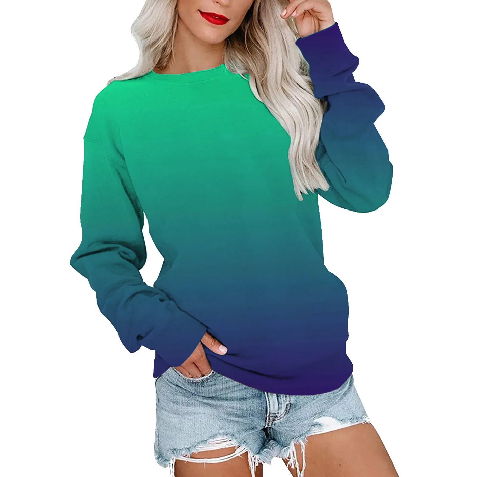 Casual Trend 3D Printing Gradient Round Neck Sweater Women\'s Clothing