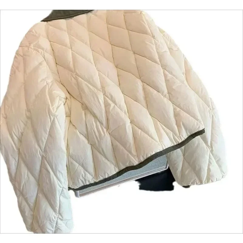 2024Fashion Loose All-match Short Lightweight Quilted Jacket Color Contrast Rhombic Lapel Cotton-padded Coat Autumn/Winter Women