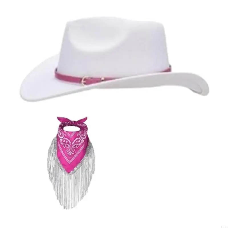 

L5YA Wide Brim Cowgirl Hat for Women Floral Fringed Tassels Scarf Cowboy Hat Set