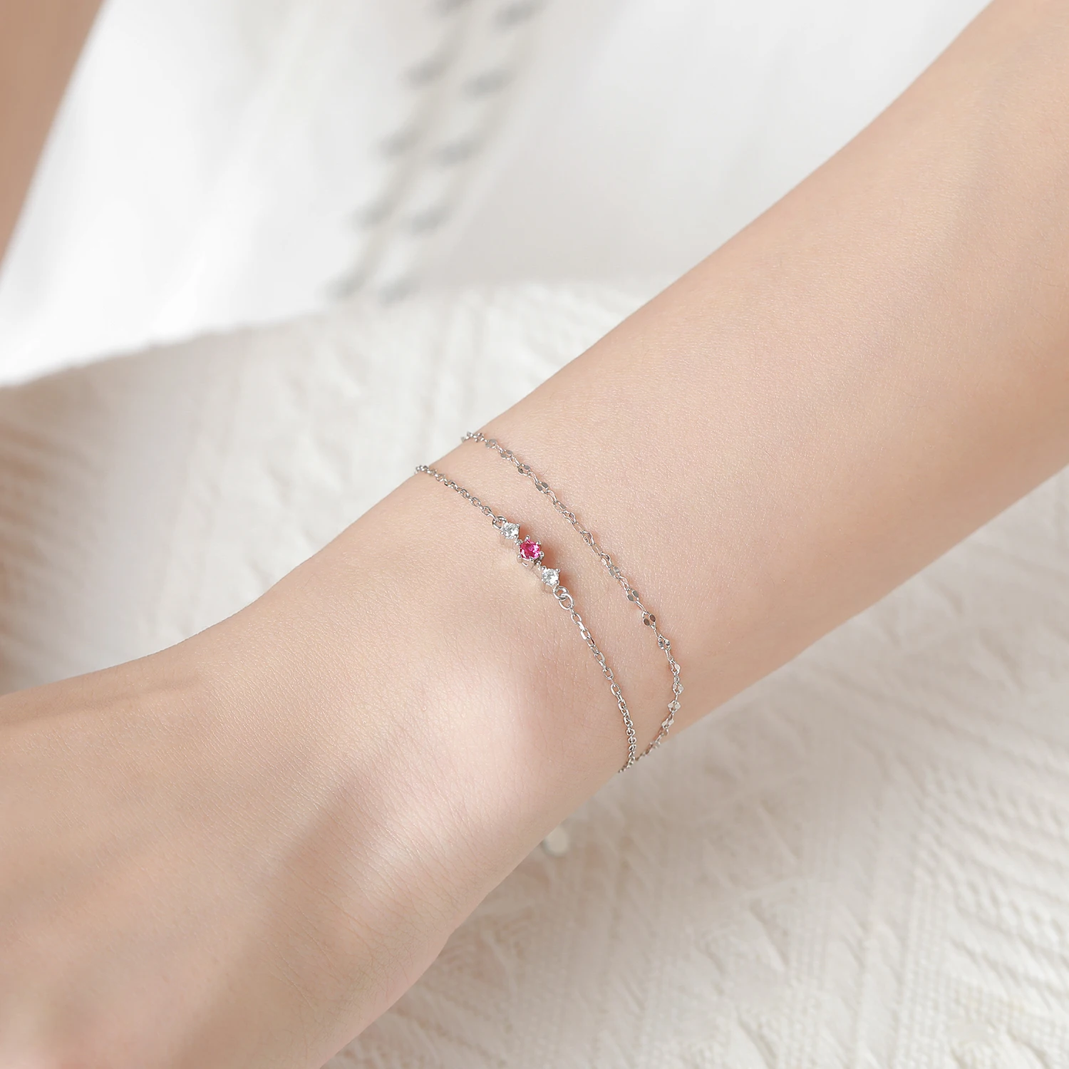 

Ailmay 925 Sterling Silver Cute and Sweet chain Bracelet pink Zircon Festival Bracelet Women's Valentine's Day Gift Jewelry