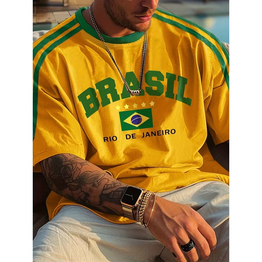 Hot Selling Top Brazil Pattern Printed T-shirt Unisex Top With Shoulder Details Burgundy Multi-size Casual Tee Daily Street Wear
