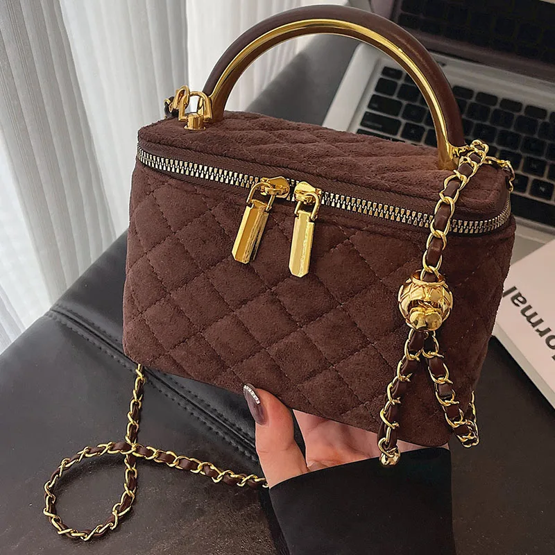 

Chain Diamond Lattice Women's Handbag Autumn Korean Style Square Box Crossbody Bags Casual Commute Faux Suede One Shoulder Bag