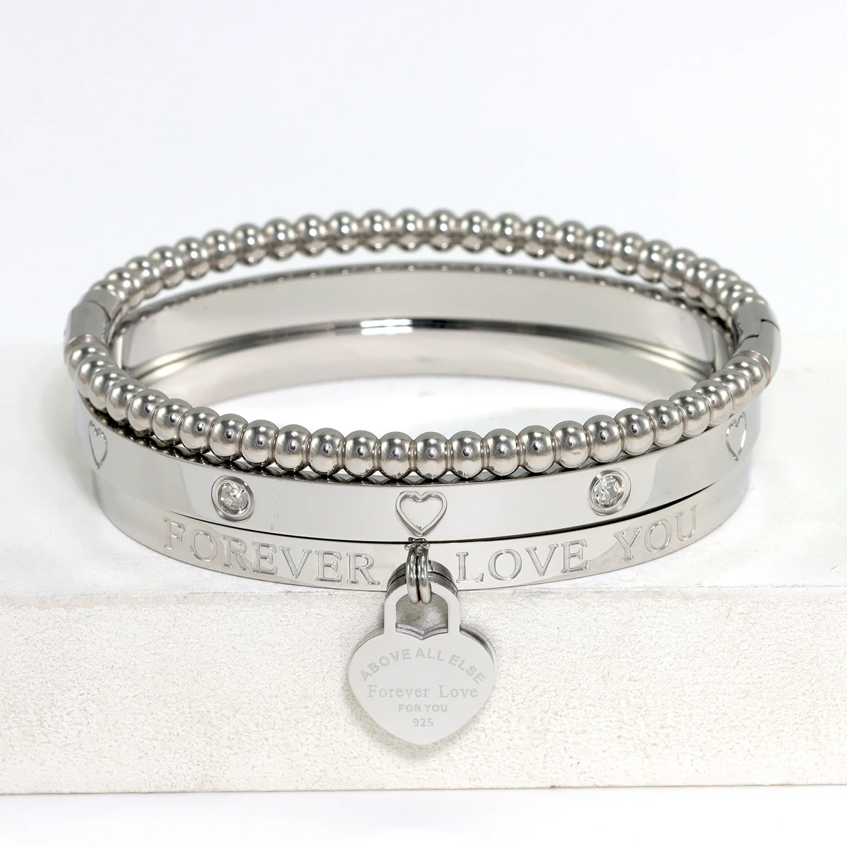 Stainless Steel Stackable Love Heart Bracelet Jewelry Sets, for Women\'s Daily Wear, Gift to Girlfriends, Birthday Gifts