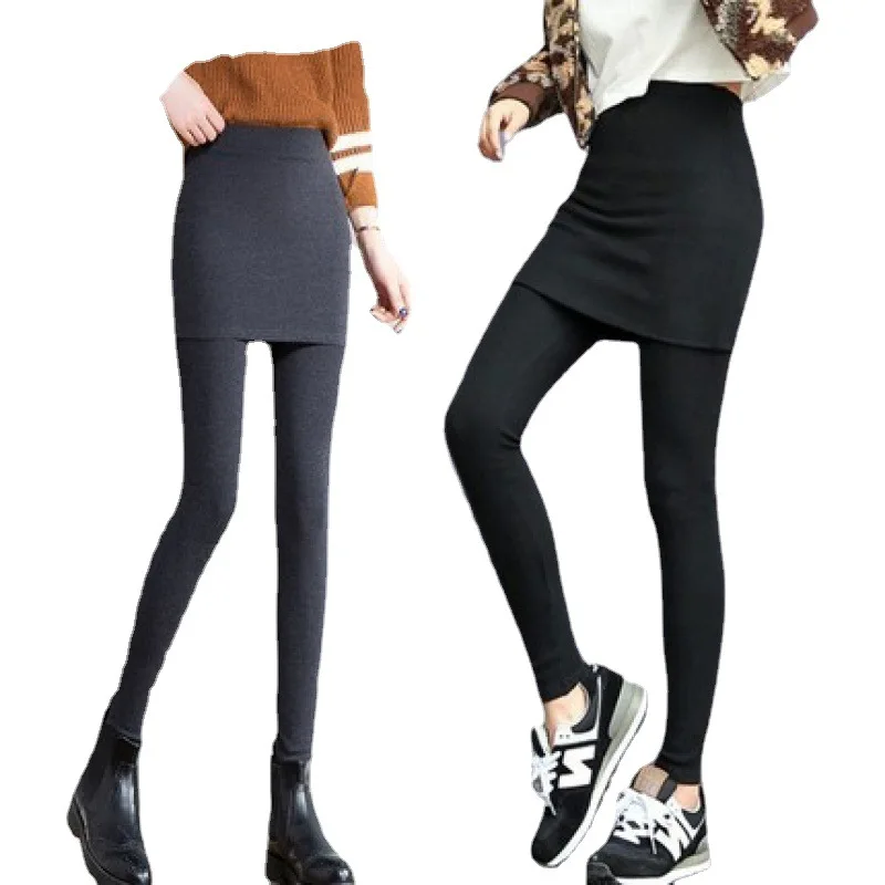 

Autumn Winter New Solid Color Fashion Elastic Waist Fake Two Pieces Culottes Women High Street Elegant Plus Velvet Warm Trousers