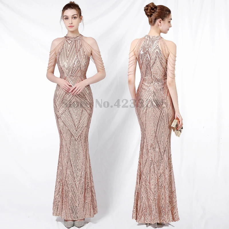 Gaun rumbai bahu seksi, gaun Prom elegan leher panjang temperamen payet sosialite keren Aura Queen Fishtail 4XL