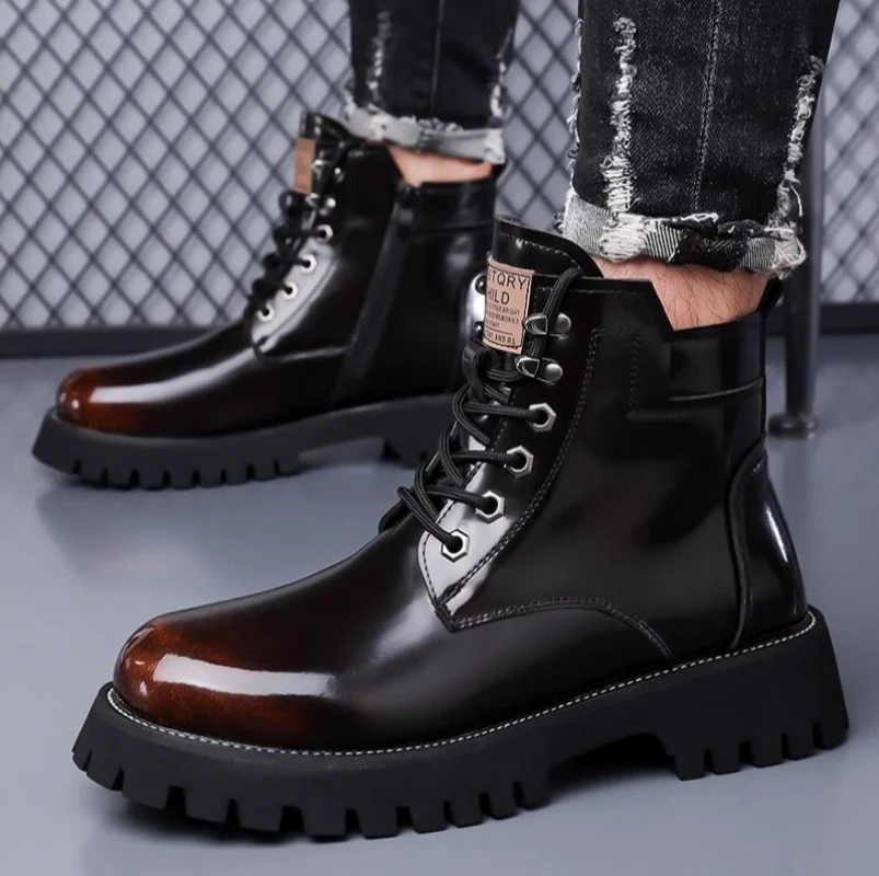 

Брендовые коричневые мужские ботинки в стиле ретро, модные мужские мотоциклетные ботинки с высоким берцем, мужская обувь из блестящей кожи в британском стиле