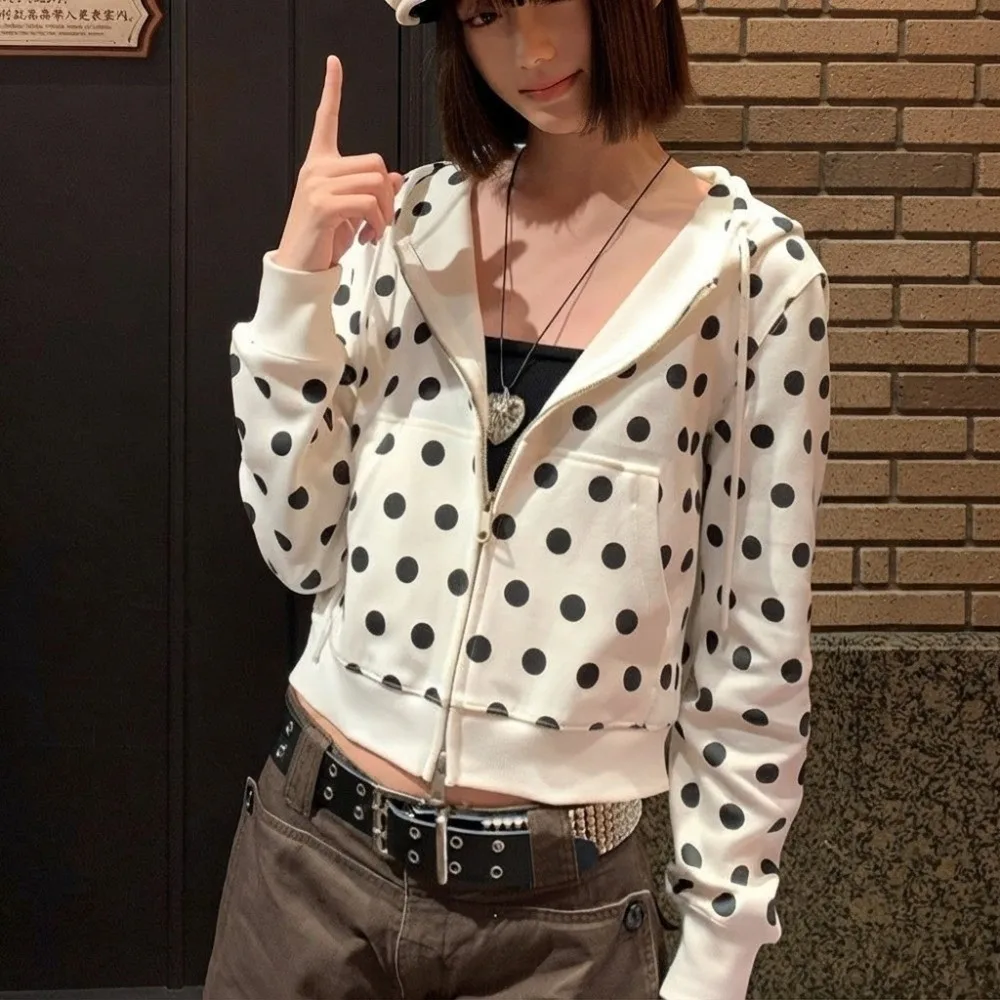 Fashion Polka Dot Printing Women Hoodies Slim Fit Zipper Closure Sweatshirts Casual Zipper Jacket Top for Women