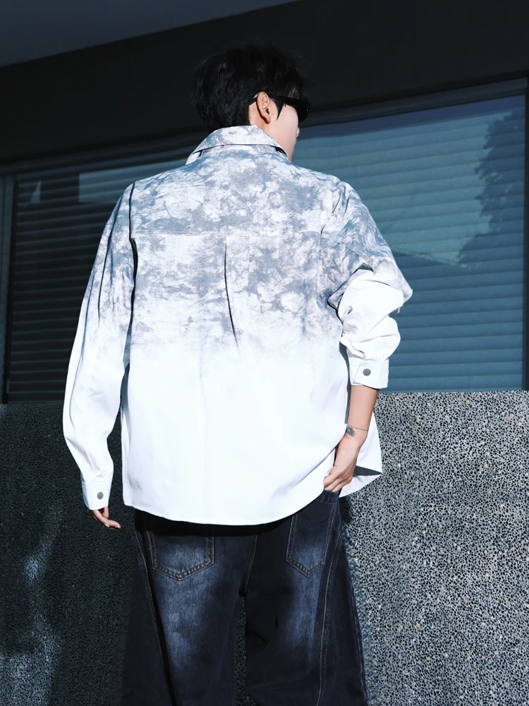 2025 Spring and Autumn New Men's Pink Tie-Dye Gradient Denim Shirt Couple Blue Black Casual Loose Daily Shirt Jacket
