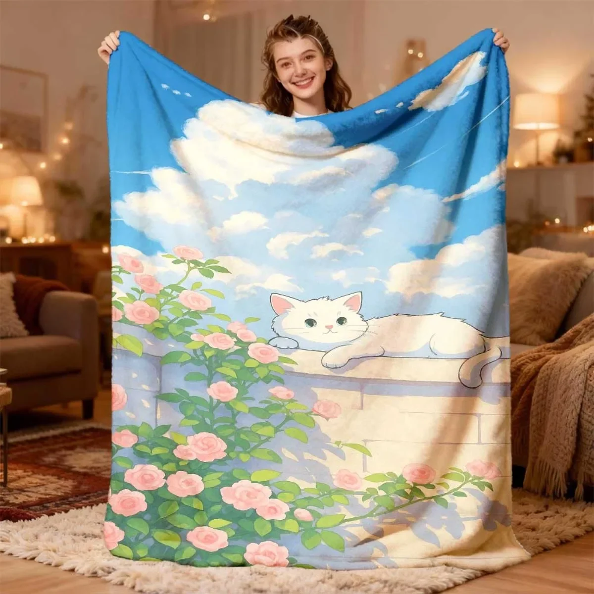 Cute Cat And Rose Floral Cloud Print Throw Blanket For Sofa Couch Picnic Decoration 150X200cm