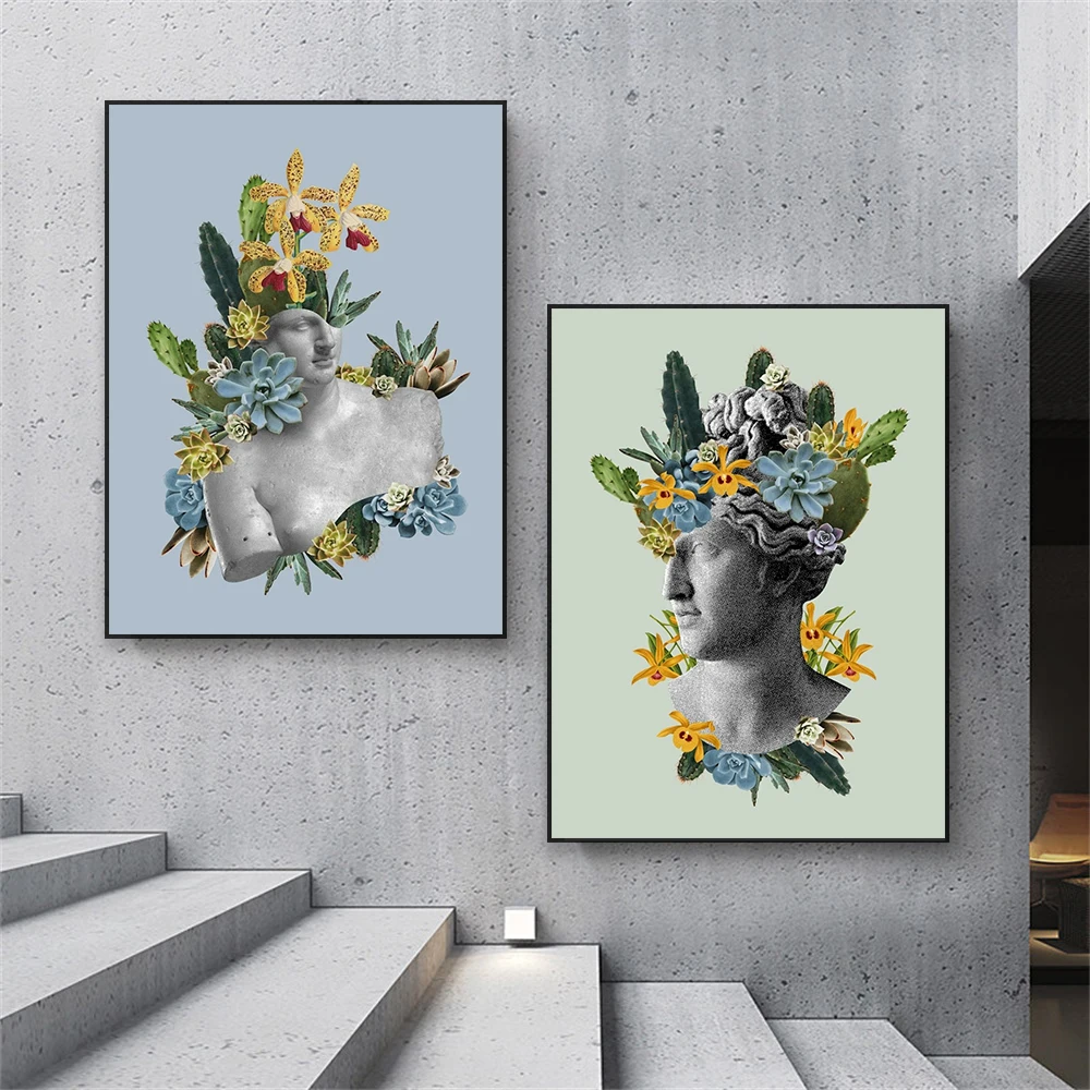 Nordic Canvas Painting Colorful Abstract Flower Poster Ancient Greek Statue with Flowers Print Minimalist Home Living Room Decor