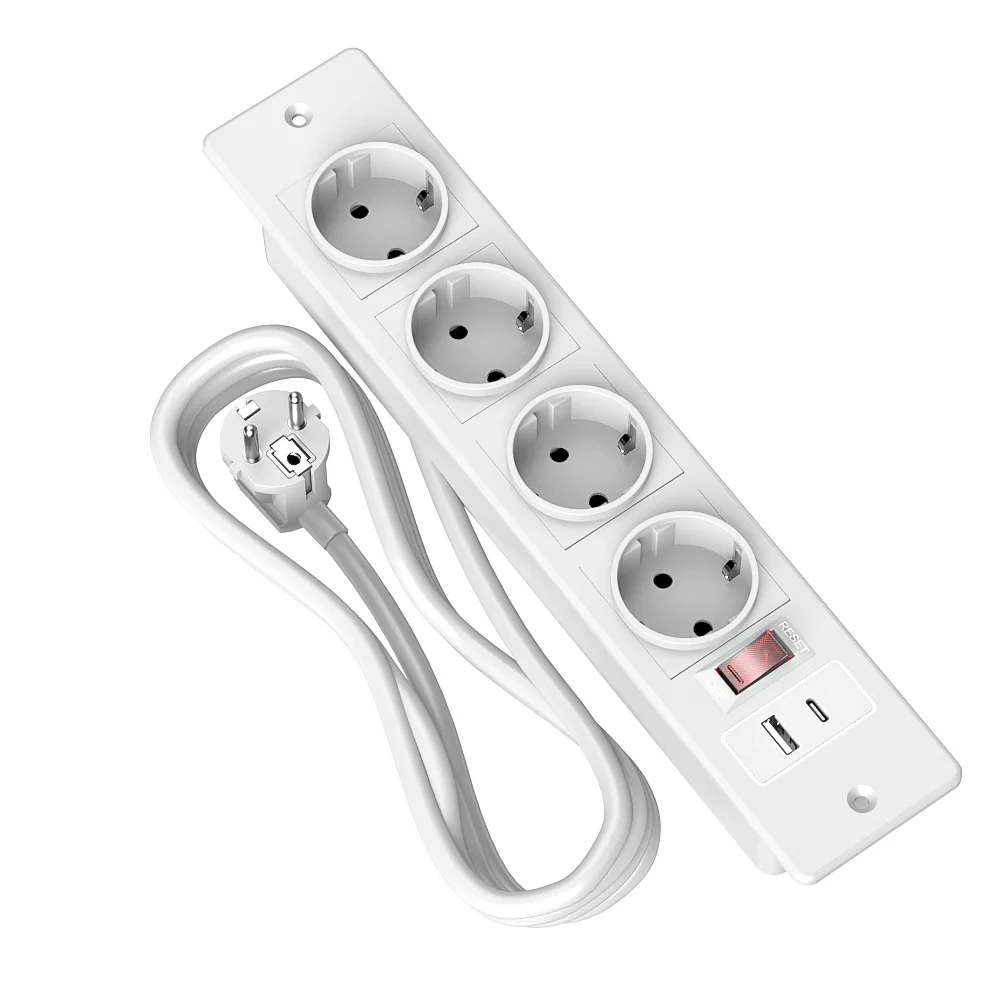 Regleta de Enchufes Empotrable Blanca con Enchufe Europeo, 4 Tomas de CA, 2 Puertos USB, 16A, 3680W, Protección contra Sobretensiones, Cable de 1.5M, Enchufe de Escritorio para Hogar y Oficina