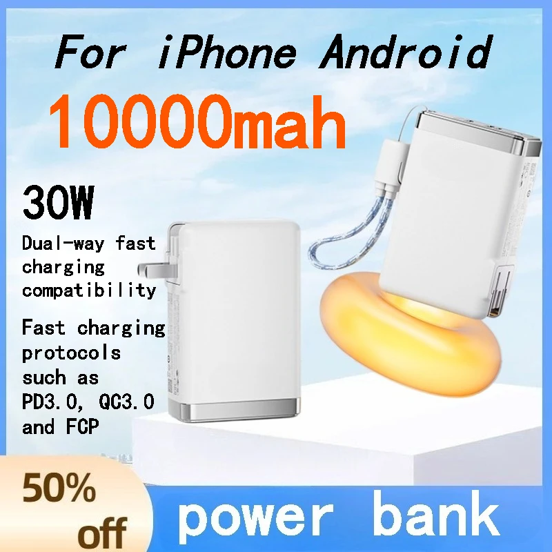

30W Fast Charging Power Bank 10000mAh with Built-in Cable AC Plug 3 in 1 Portable Charger for IPhone Android