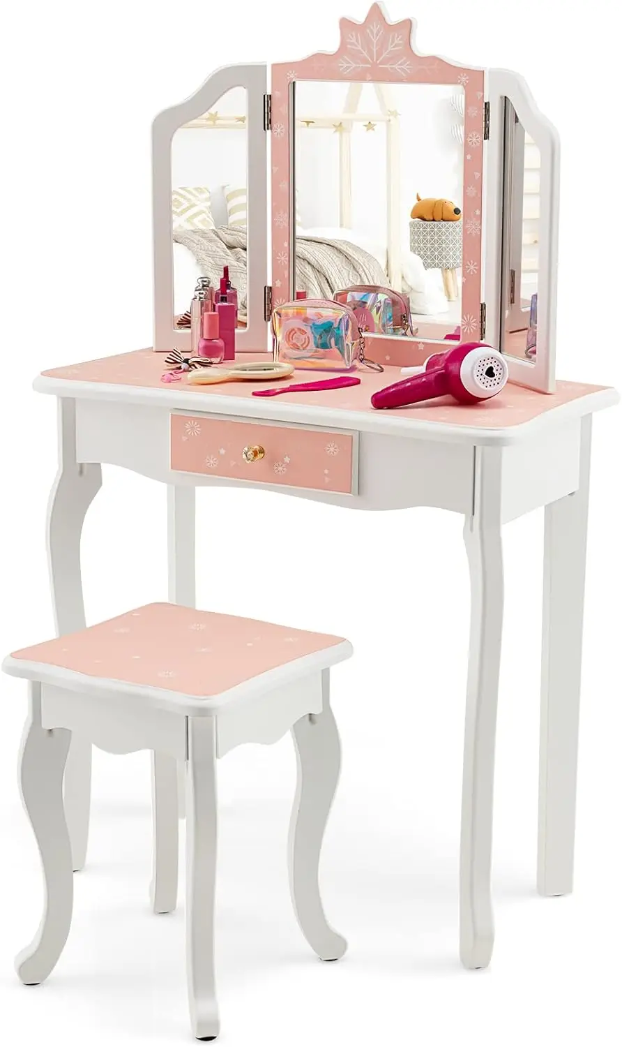 

Kids Vanity, Snowflake Themed Princ Makeup Vanity Set For Little Girls, Real Glass Tri-Folding Mirror, Bedroom Dressing Table &