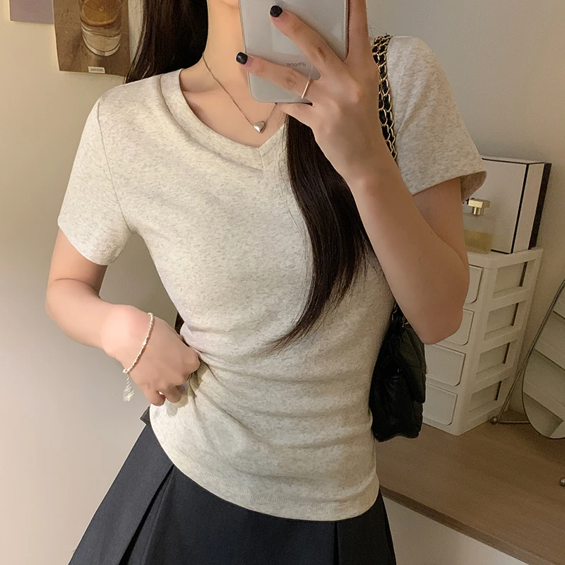 

Threaded Short Sleeve T-shirt Women Slim Pullover Tops Fitting Tight Solid Blouse Basic Simple Soft Bottom Breathability