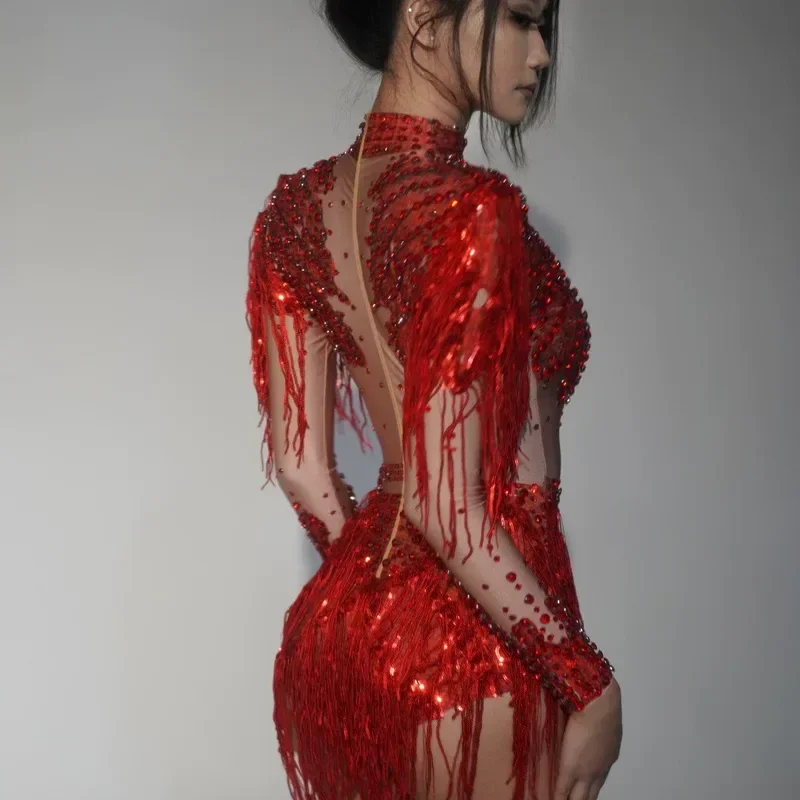 Sexy Rhinestone Fringe Jumpsuit Women High Slit Floral Print Bodysuit Clubwear Bar Singer Stage Performance Costume One Piece