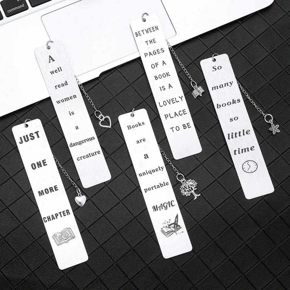 Marque-livre en acier inoxydable avec pompon, pendentif en métal, fournitures de lecture, accessoire pour la rentrée scolaire