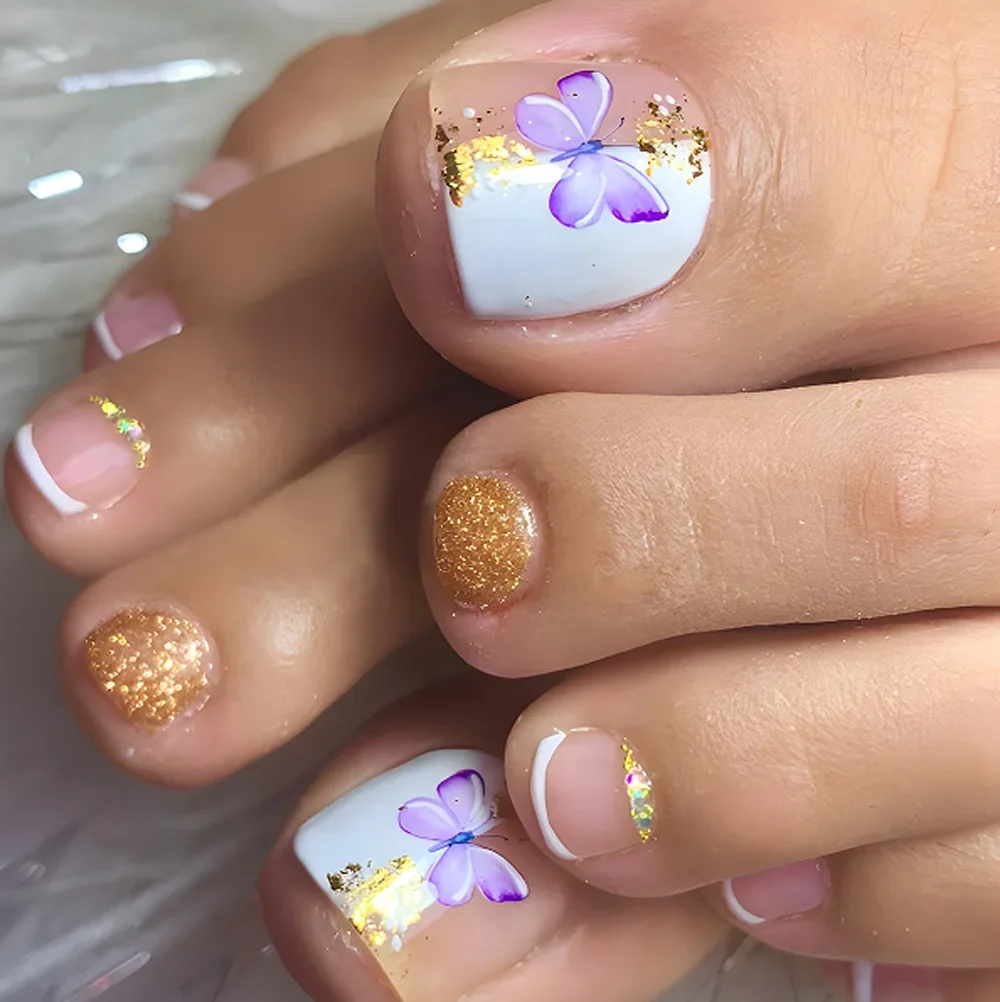 

24pcs Puple Butterfly Fake Toenail Patch Gold Glitter Powder Design False Toe Nails Full Cover Wearable Summer Press on Toenails