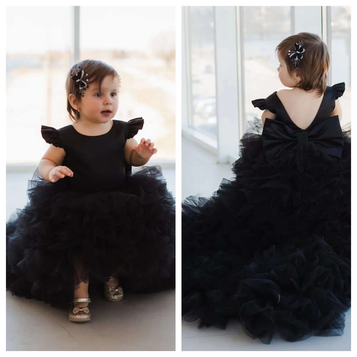 Cute Black Flower Girl Dress Long Sweep Train Tutu Multilayered Baby Birthday Party First Communion Ball Gowns Customized