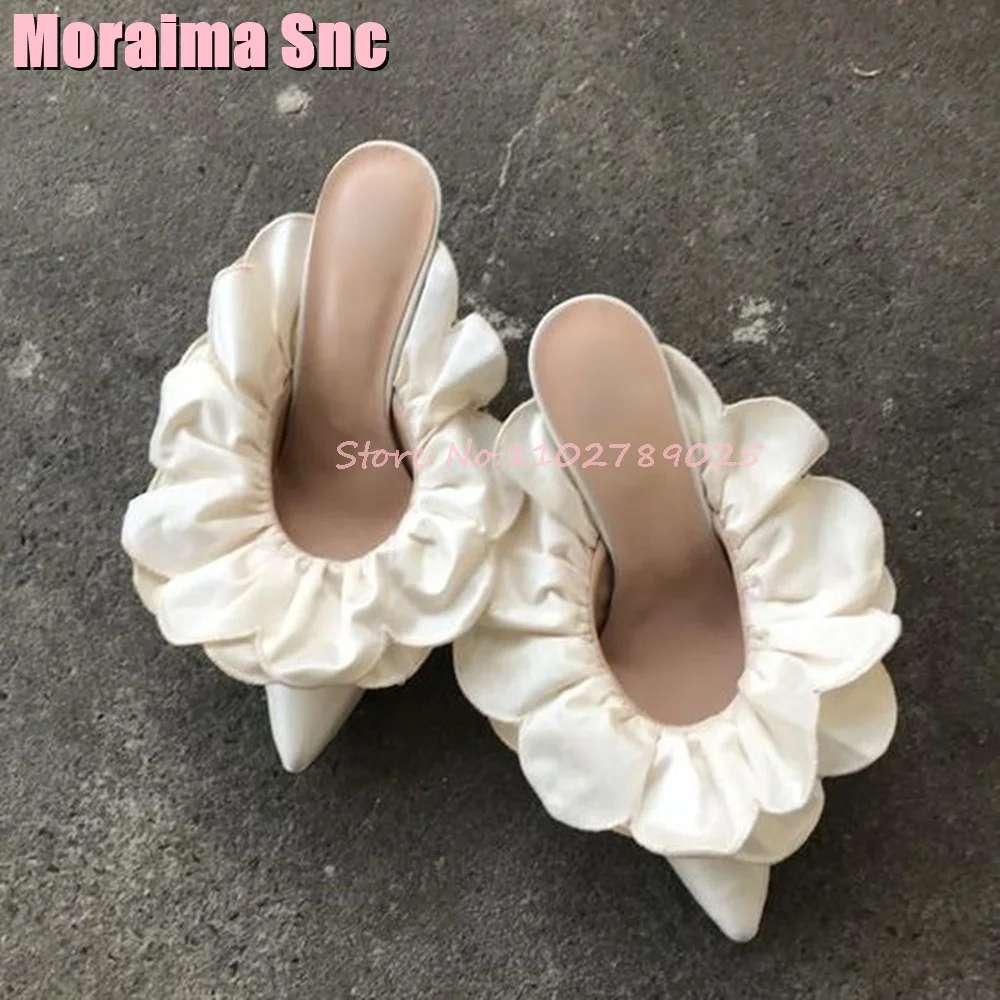 Pointed Toe Flower Mules Stiletto High Heel Ivory Solid Satin Shallow Women Shoes Summer Outdoor Casual Slip On Unique Slippers