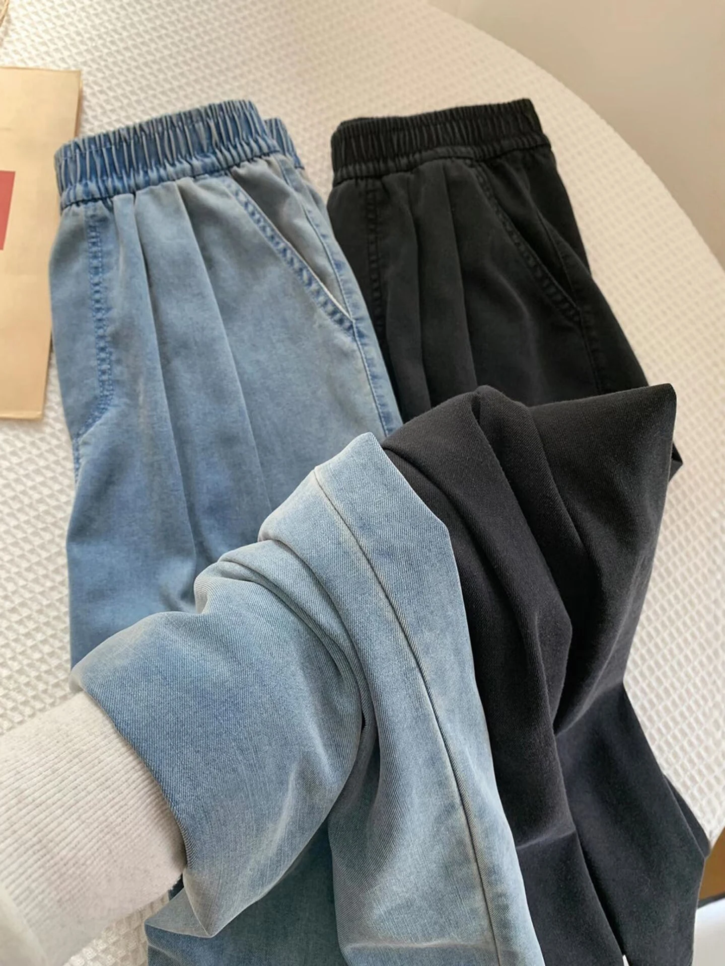 

Lacele Summer Thin High Waist Wide Leg Pants Women's Casual Straight Leg Loose Fit Ice Silk Jeans Elastic Waist