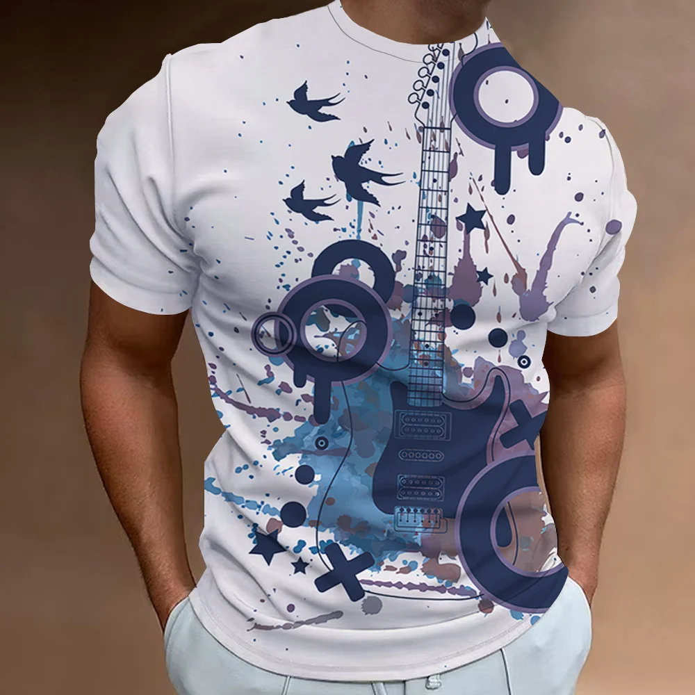 Retro Men\'S T-Shirt 3d Music Notes Printed Men Clothing Daily Casual Short Sleeve Street Designer Tees Top Loose Oversized Shirt