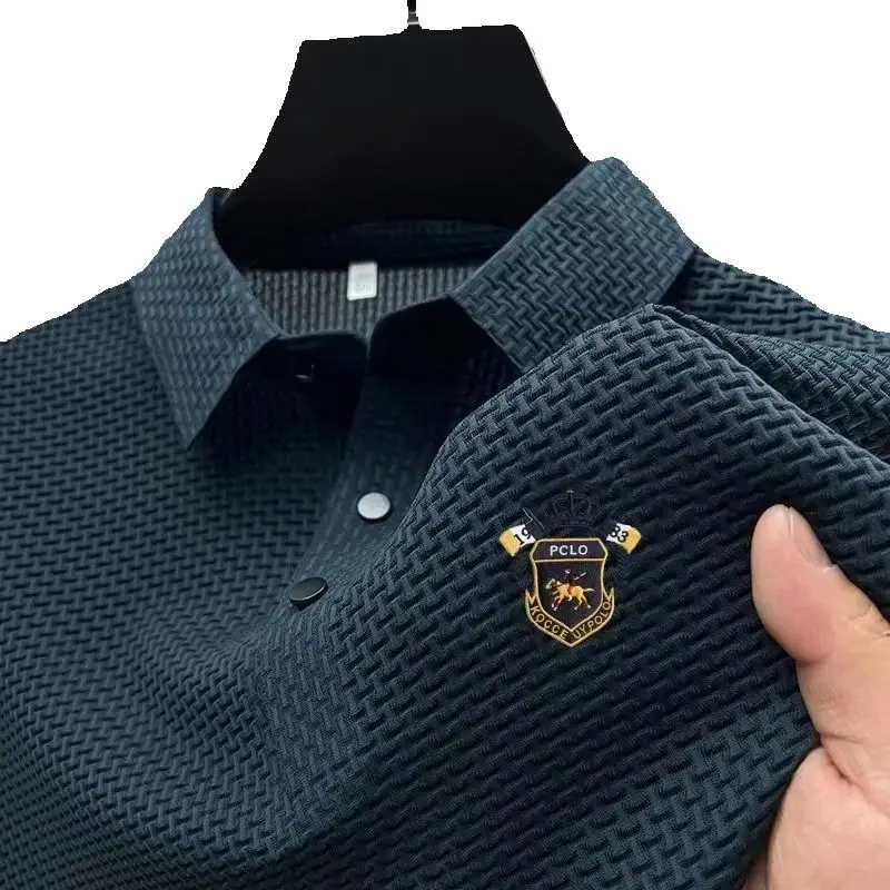 New men's business casual short sleeved bone flower solid color POLO shirt fashionable, breathable, comfortable summer versatile