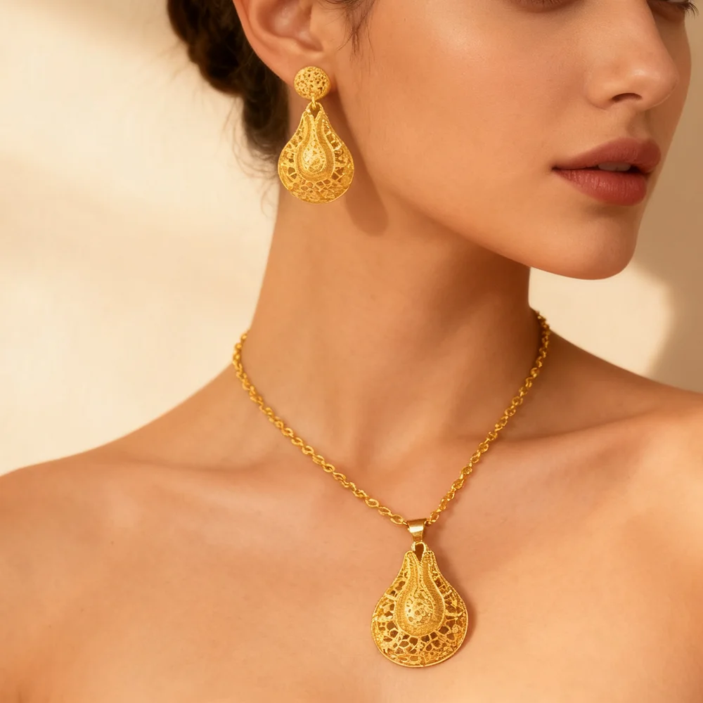 Dubai 18K Goldfarbenes Schmuckset für Damen Hochzeit Party Halskette Ohrringe Sets Indisches Schmuckset Kostenloser Versand Großhandel – Detail 13