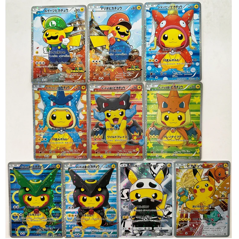 10 buah/Set Diy Pikachu kontrol diri Ptcg mengumpulkan tanda tangan perdagangan kartu Flash Anime kartun hadiah warna Flash