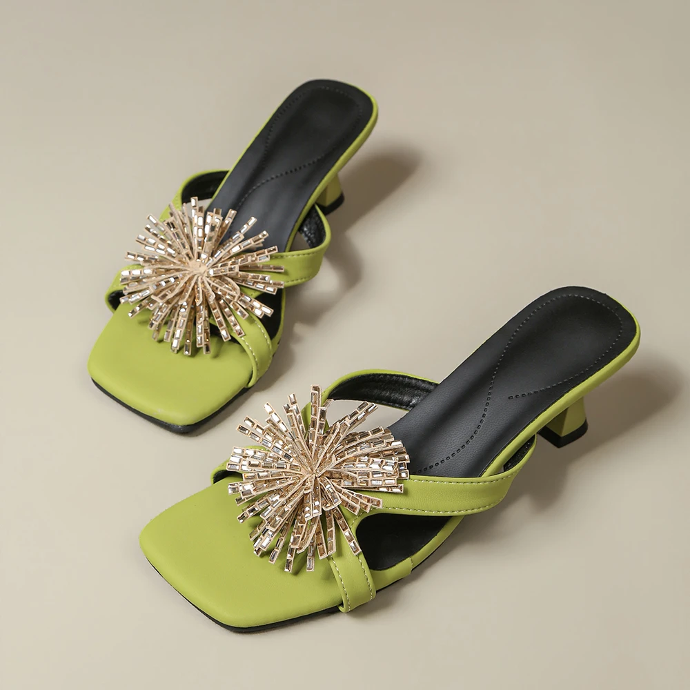 French Rhinestone Flower High-level Design Small People's Flip-flops Women's Summer Wear Square Toe Sandals Slippers