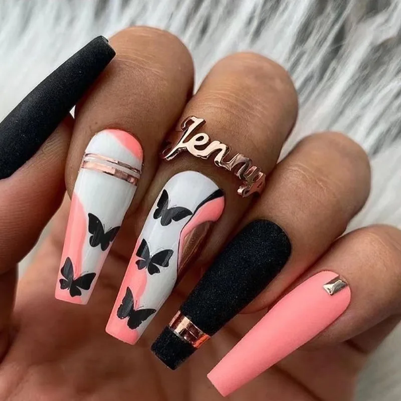 

24Pcs Matte Black Coffin Press-on Nails with Gold Stripe & Solid Pink French Tips False Nail For Women Girl
