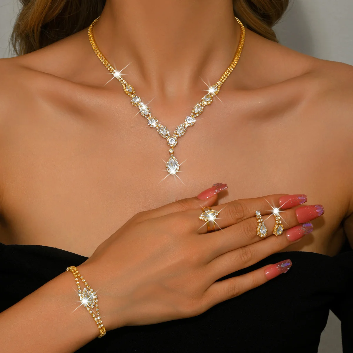 

Elegant Clear Crystal Bridal Jewelry Set, Teardrop Pendant Necklace & Tennis Bracelet Earring Ring for Brides Evening Gift
