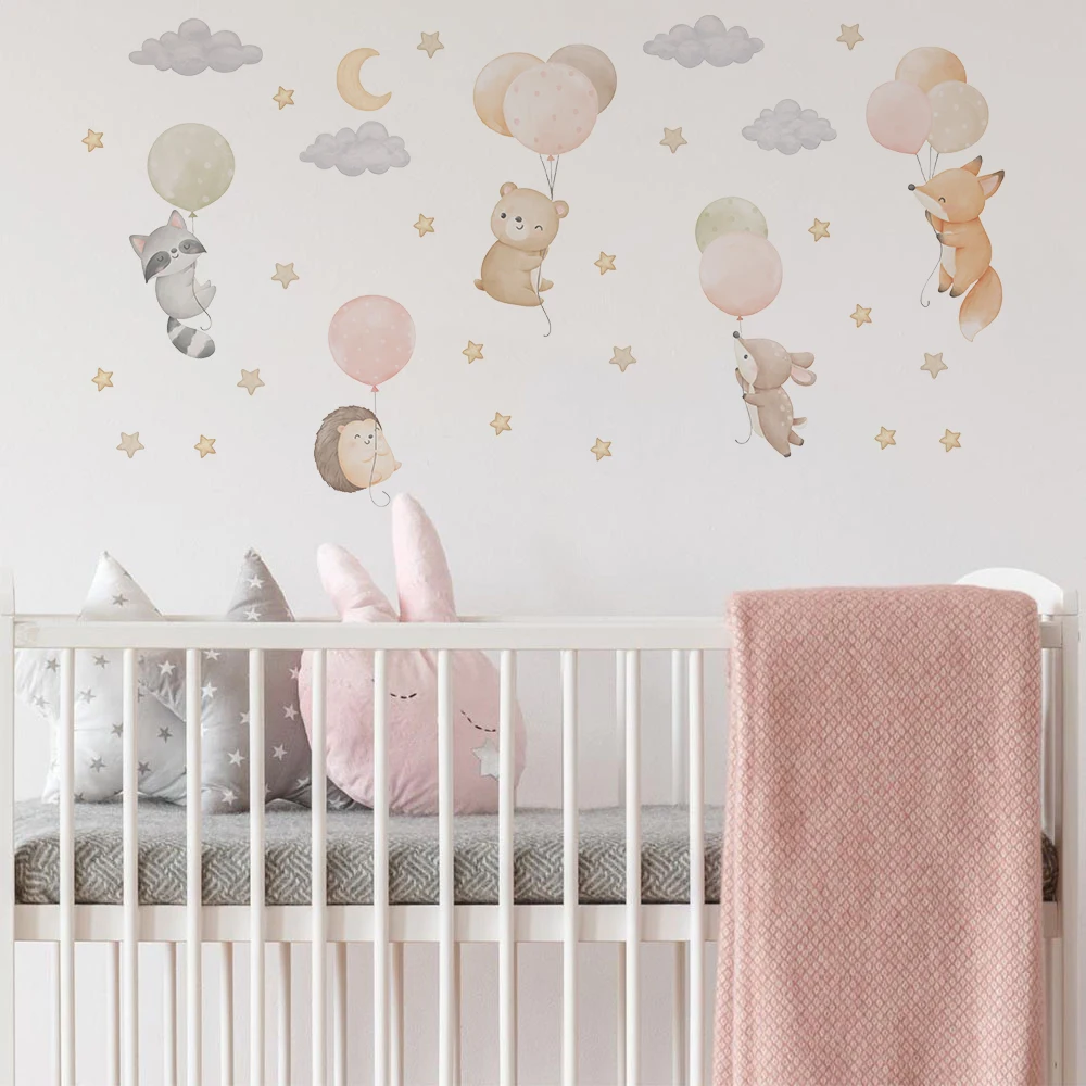 Watercolor Jungle Animals Air Balloon Wall Sticker Cloud Stars Woodland Fox Bear Wall Decals for Bedroom Playrom Home Wall Decor