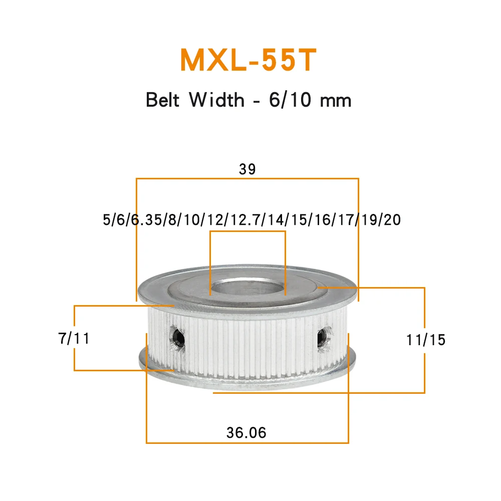 MXL-55T Pulley Wheel Bore Size 5/6/6.35/8/10/12/12.7/14/15/16/17/19/20 mm Aluminum Motor Pulley For Width 6/10mm MXL Timing Belt