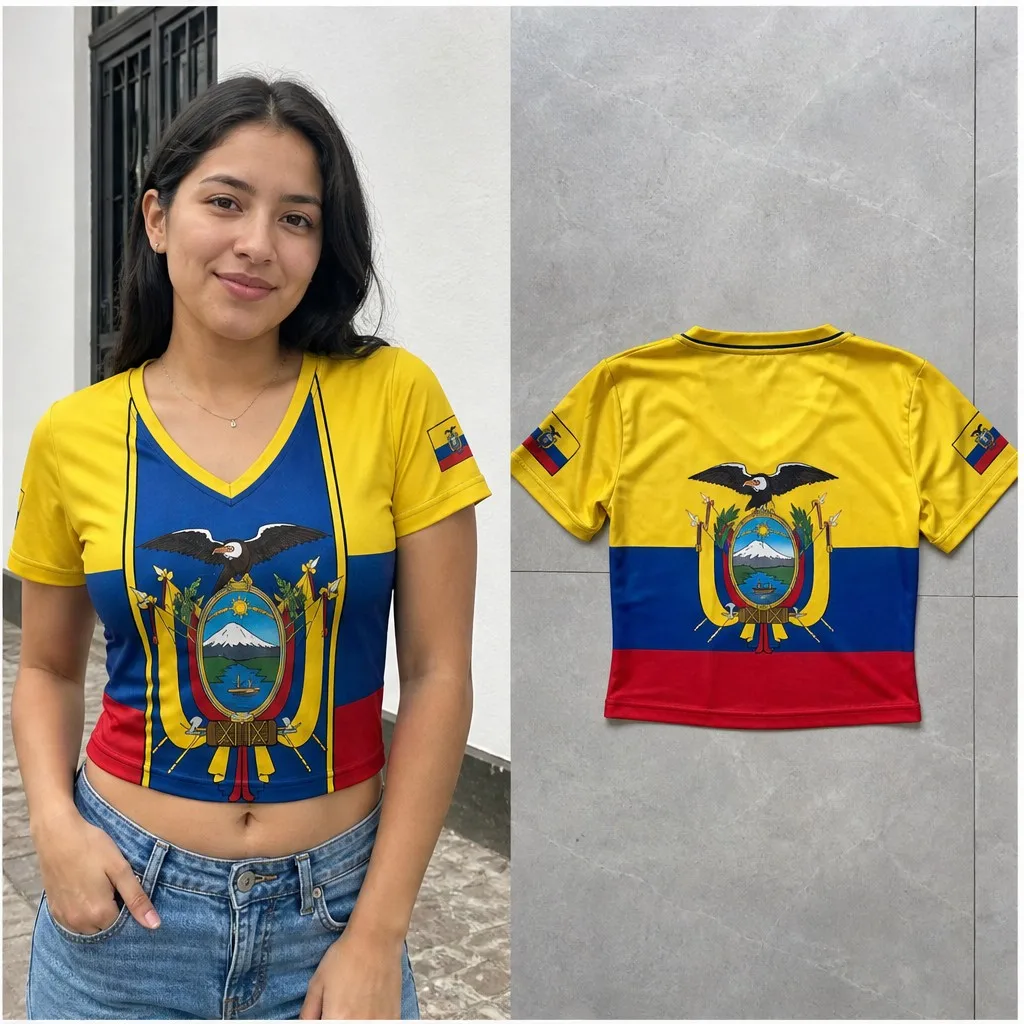 Womens Ecuador V Neck Short Sleeve Crop Top Eagle Crest Bold Panel Print Casual Summer Top for Street Travel Holiday Daily Looks