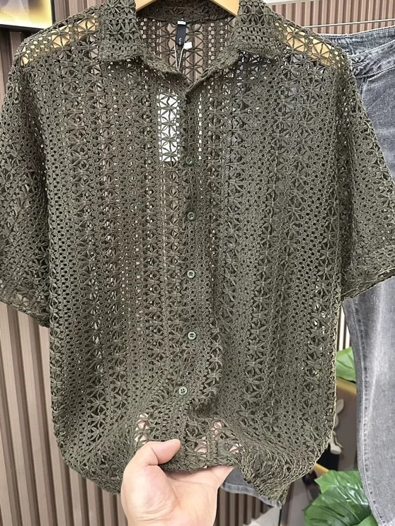 Sexy Hollow out Knitted Cardigan Men's Twist Rope Green Short Sleeve Shirt Southeast Asia Mesh See through Wool Shirt
