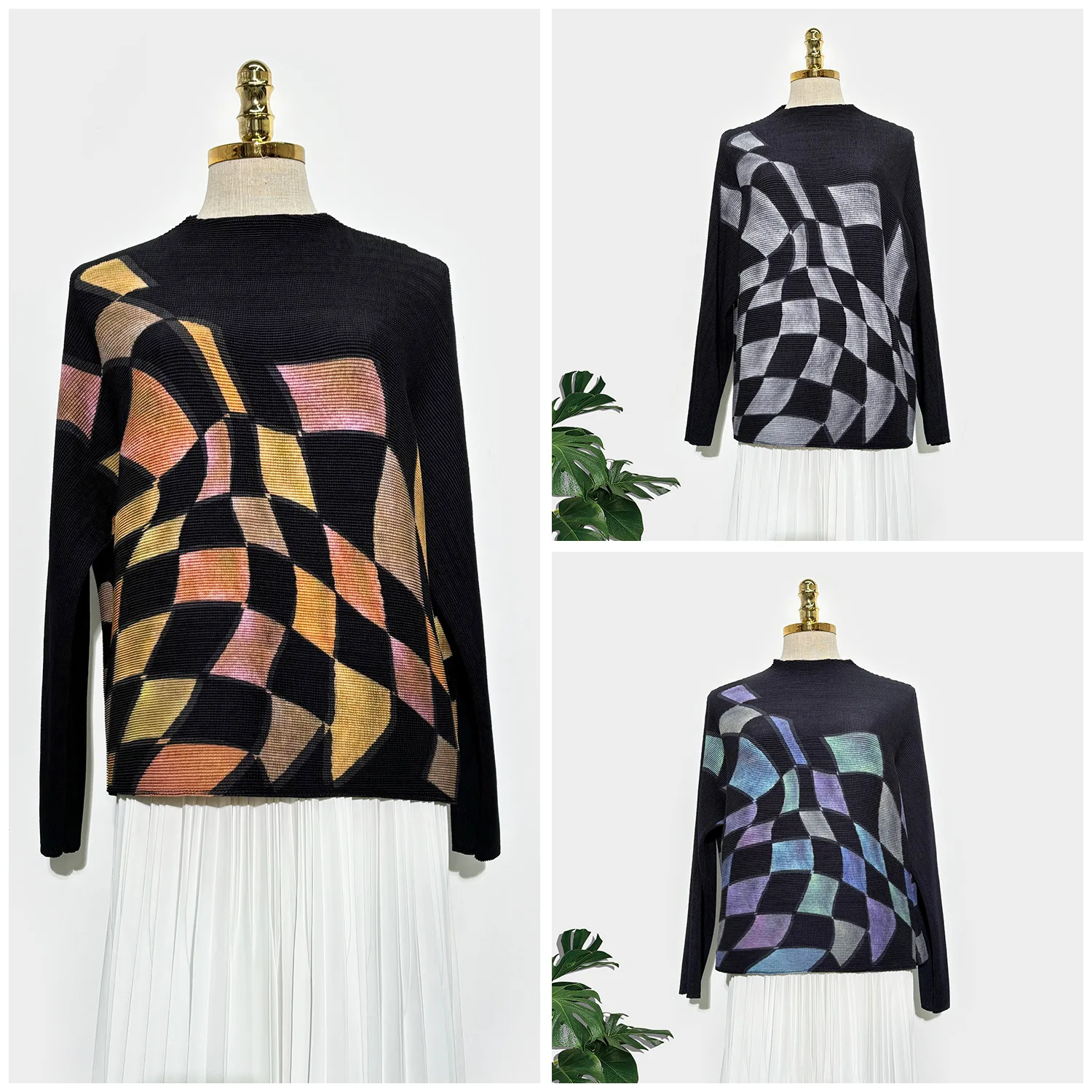 

Miyake 2025 New Plaid Collision Colour Pullover Top 2025 Niche Loose Feeling Inside and Outside Wear Korean Casual Bat T-shirt