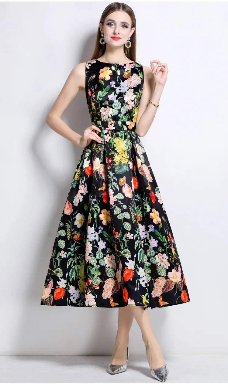 loral stampato senza maniche abiti a vita alta donna ritaglio stereoscopico a vita abito longuette a trapezio estate nuova moda