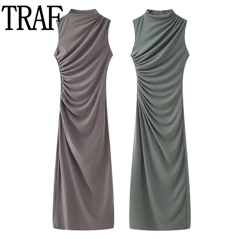 

TRAF Ruched Bodycon Long Dresses For Women Sleeveless Midi Dress Woman Fashion High Neck Elegant Dress Slit Draped Party Dresses