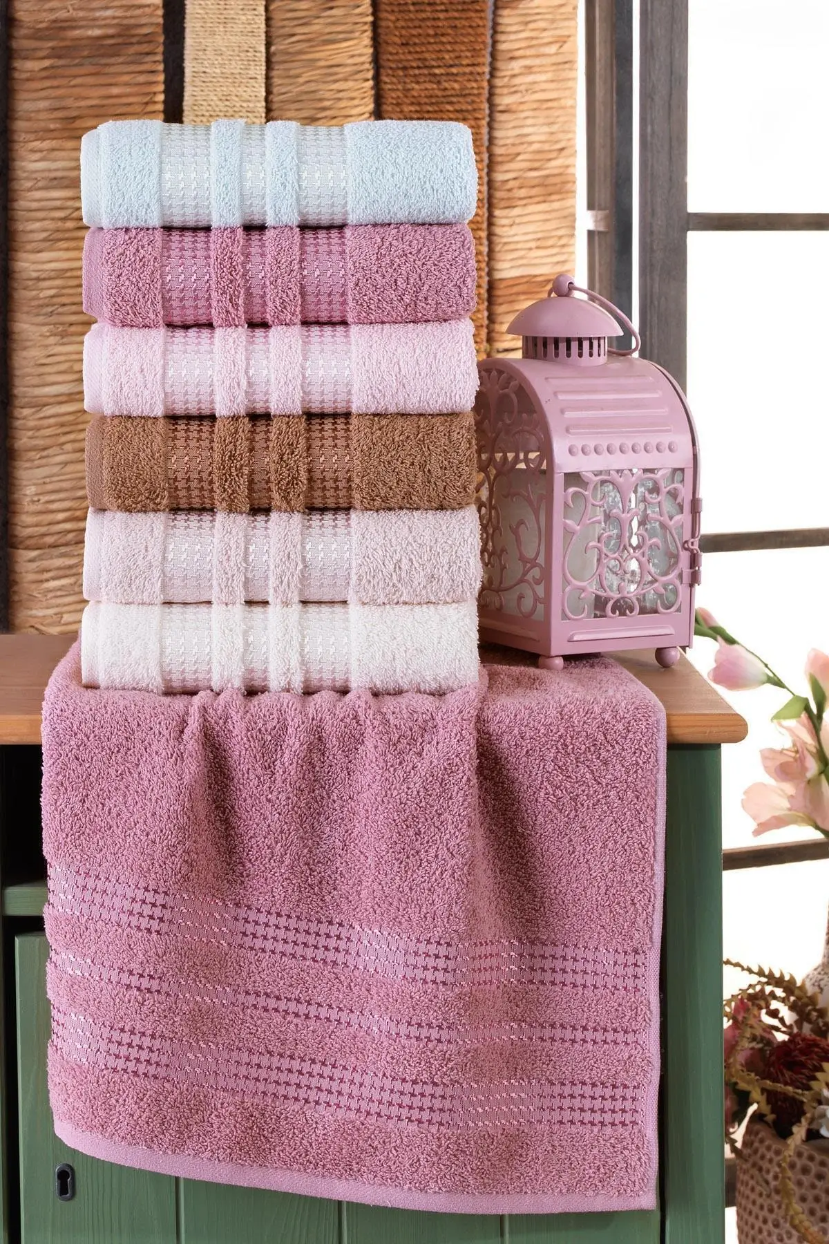 Pink Blue Brown Color Antibacterial 6 Hand and Face Towels Cotton Sizes 50x90 cm