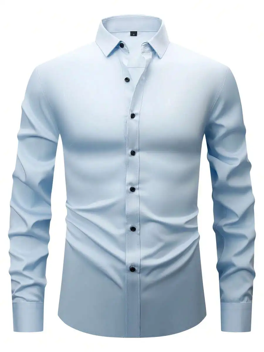 

Men's Light Blue Stretch Business Casual Shirt with Black Buttons