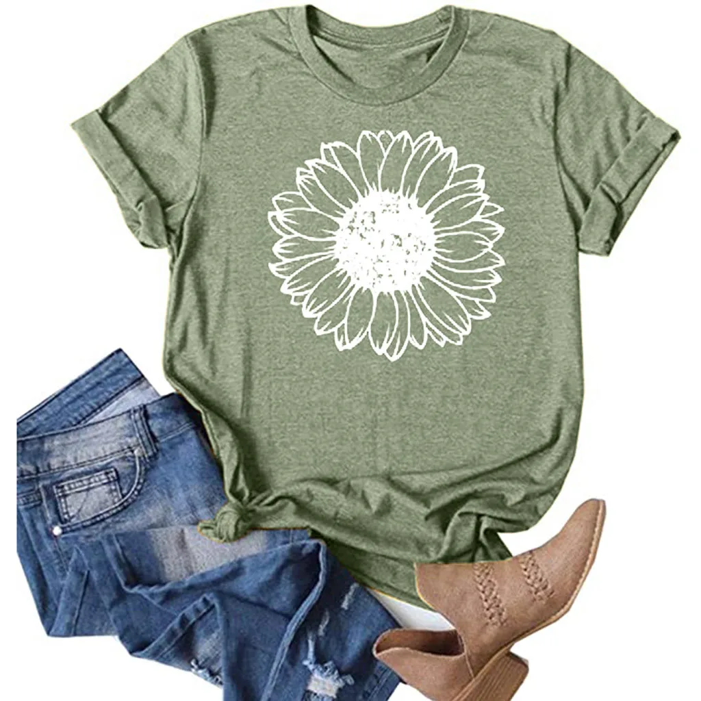 Sunflower Print Summer Women T-shirt Short Sleeve Graphic T Shirts Round Neck Casual Female Tees Tops Playeras Mujer