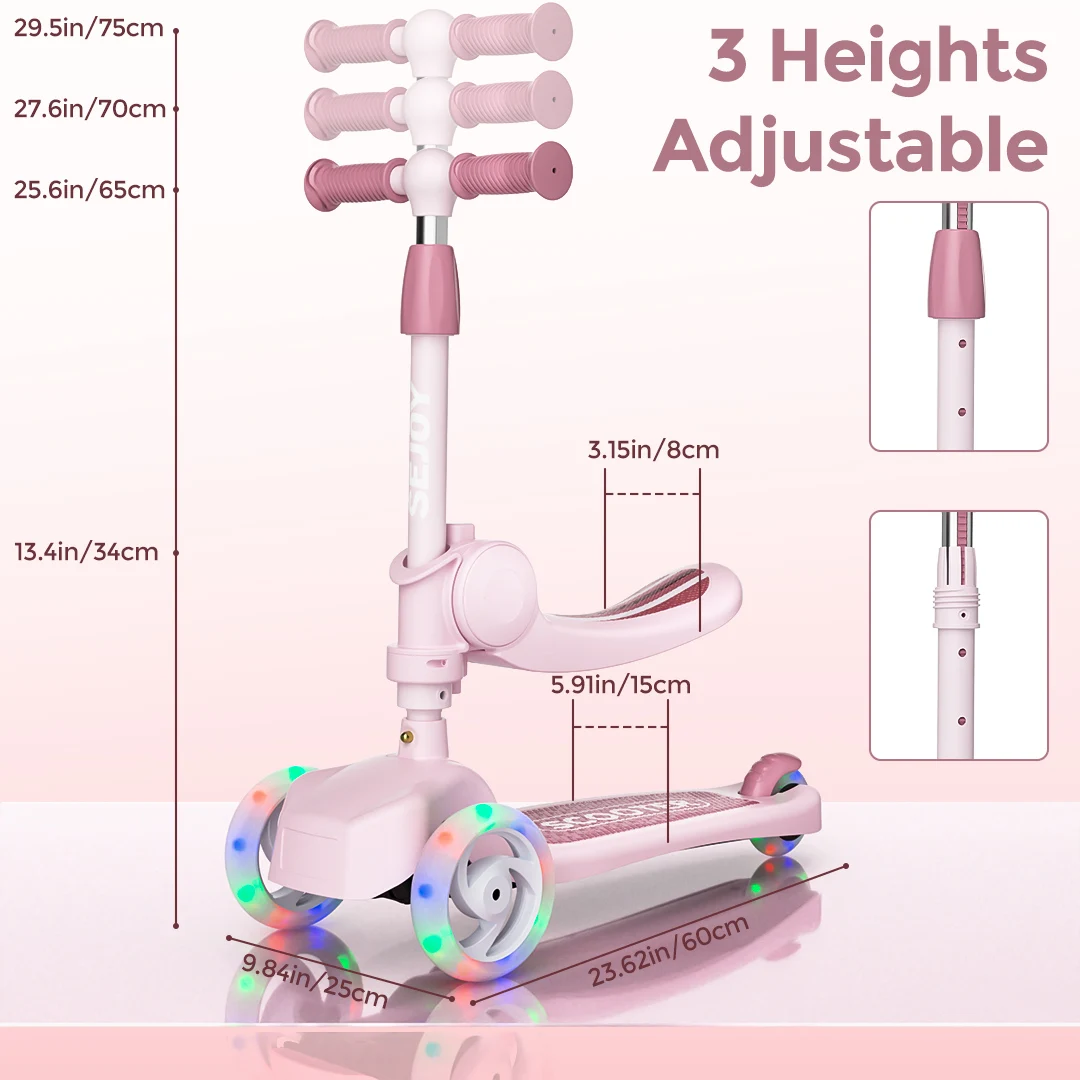 Hulajnogi dla dzieci z 3-kołowymi światłami LED, regulowaną kierownicą, składanym siedzeniem, jazda siedzącą lub stojącą, dla dzieci w wieku 3-8 lat