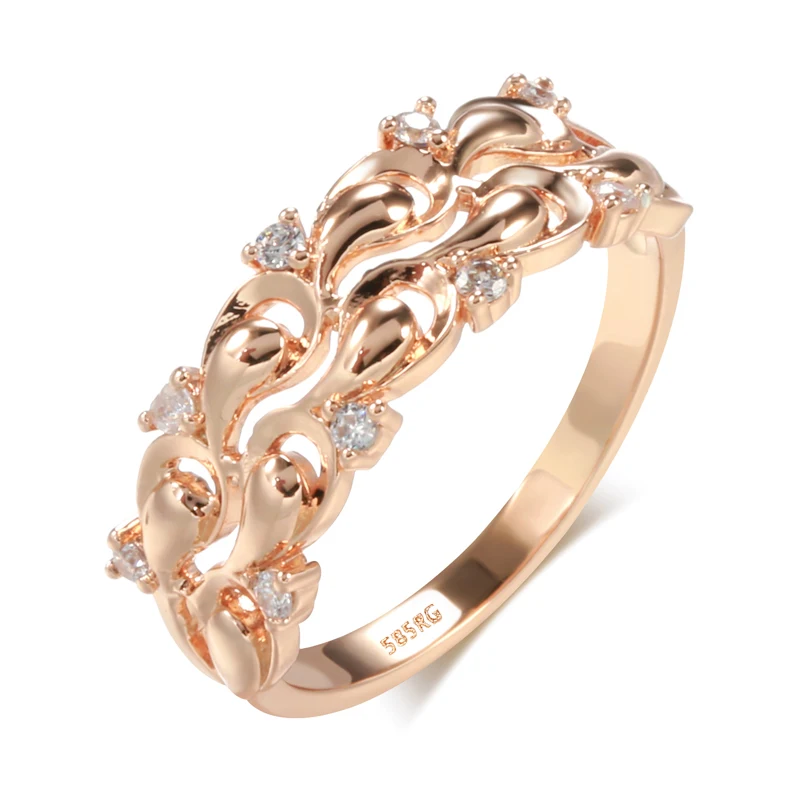 Wbmqda Luxury Double Hollow Lace Zircon Ring For Women 585 Rose Gold Color Crystal Flower Wedding Engagement Fine Jewelry