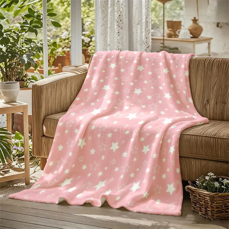 Pink Star Background Flannel Blanket Warm Soft Halloween Christmas Decorative Couch Warm Cozy All-Season Gift