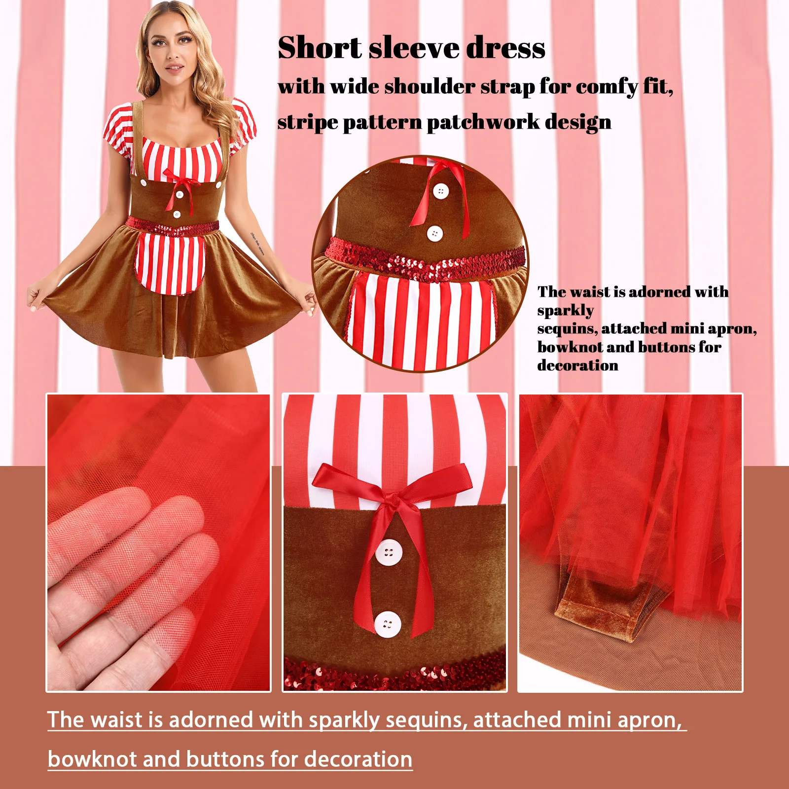 Womens Christmas Party Dress Gingerbread Man Costume Stripe Patchwork Velvet Short Sleeve A-line Dress Cooking Maid Fancy Dress