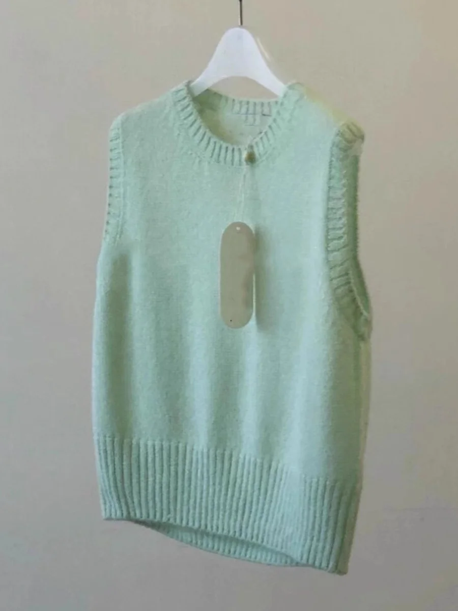 

Mint een Knitted Sweater Vest Women's Summer round Ne Svel Outerwear Layering Top Korean Sle ort Length